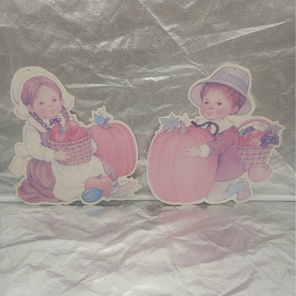 Die Cut Thanksgiving 2 Pilgrim Children VINTAGE Hanging Decoration Amscan 70s